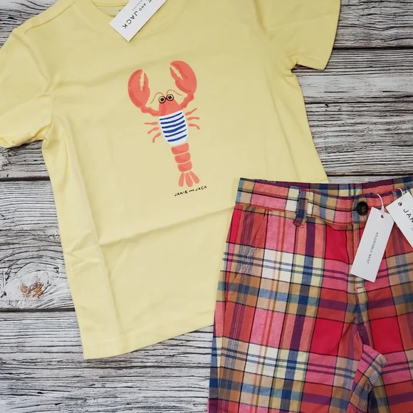 Janie and Jack Lobster Print T-Shirt and Plaid Shorts Outfit NWT - Picture 3 of 10